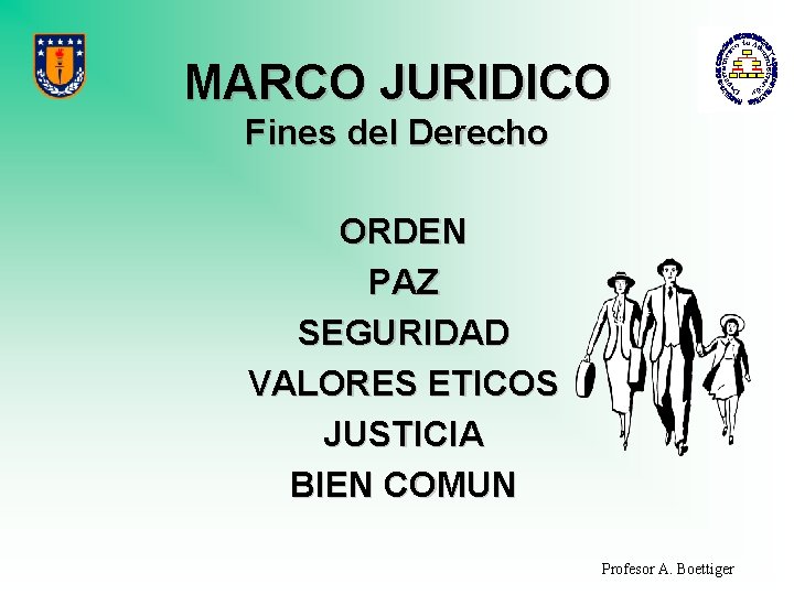 MARCO JURIDICO Fines del Derecho ORDEN PAZ SEGURIDAD VALORES ETICOS JUSTICIA BIEN COMUN Profesor
