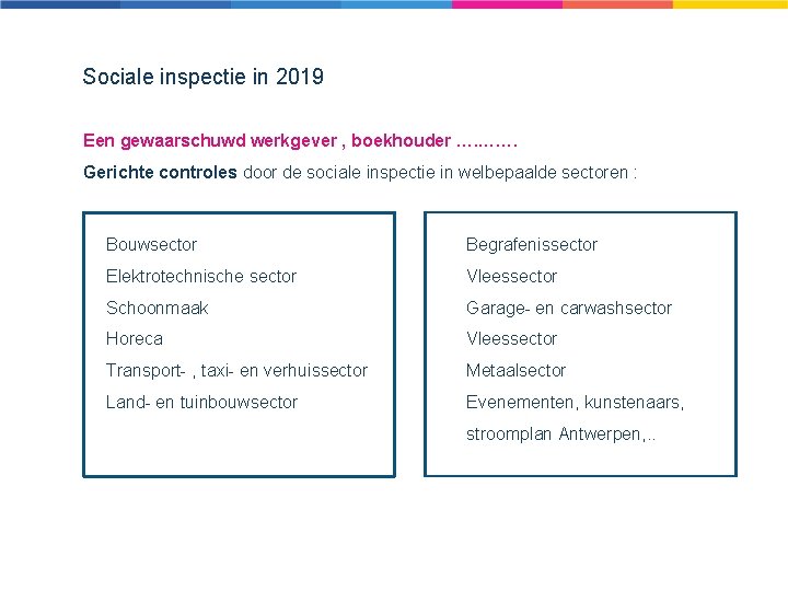 Sociale inspectie in 2019 Een gewaarschuwd werkgever , boekhouder …. ……. Gerichte controles door