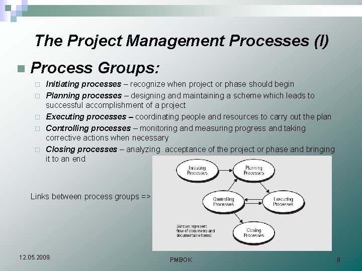 The Project Management Processes (I) n Process Groups: ¨ ¨ ¨ Initiating processes –