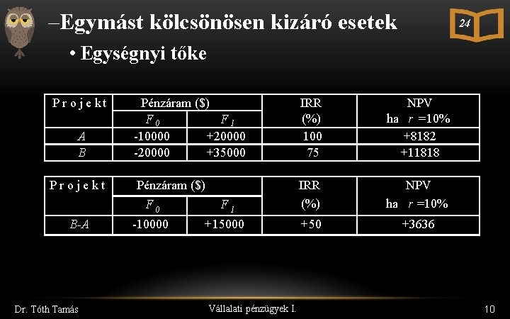 –Egymást kölcsönösen kizáró esetek 24 • Egységnyi tőke P r o j e k