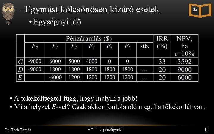 –Egymást kölcsönösen kizáró esetek 24 • Egységnyi idő • A tőkeköltségtől függ, hogy melyik