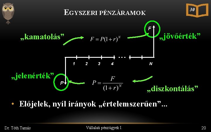 30 EGYSZERI PÉNZÁRAMOK F „jövőérték” „kamatolás” 1 2 3 4 N „jelenérték” P „diszkontálás”