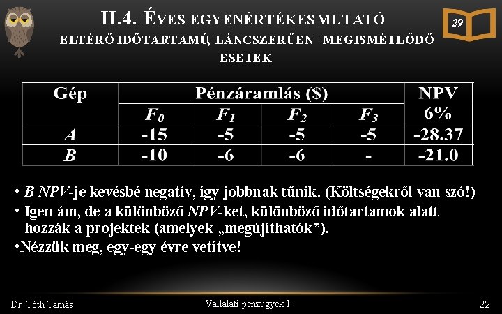 II. 4. ÉVES EGYENÉRTÉKES MUTATÓ ELTÉRŐ IDŐTARTAMÚ, LÁNCSZERŰEN MEGISMÉTLŐDŐ 29 ESETEK • B NPV-je