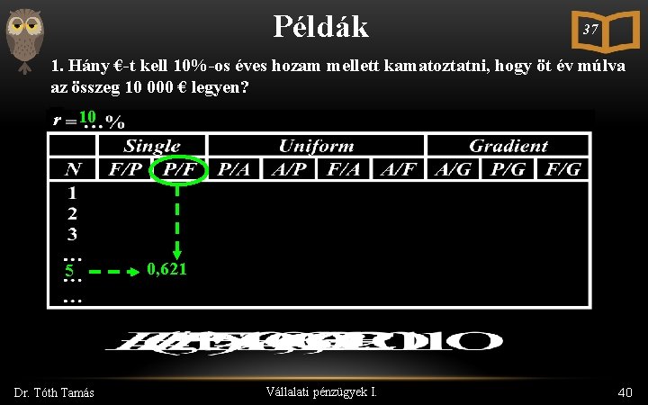 Példák 37 1. Hány €-t kell 10%-os éves hozam mellett kamatoztatni, hogy öt év