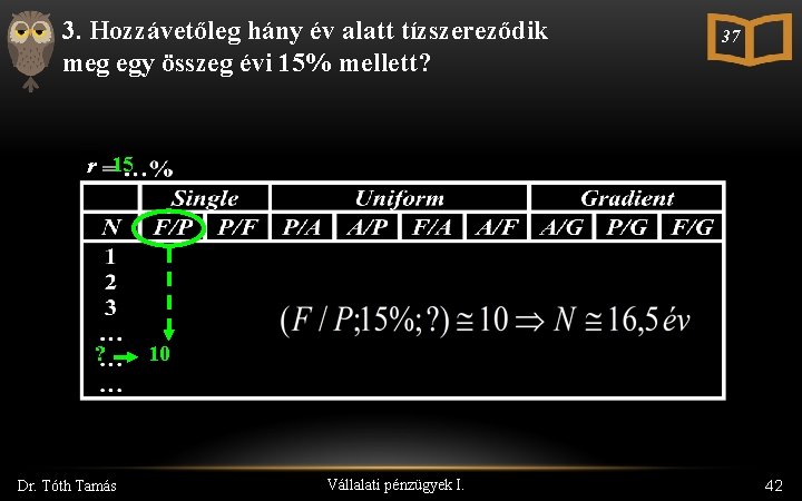 3. Hozzávetőleg hány év alatt tízszereződik meg egy összeg évi 15% mellett? r 15