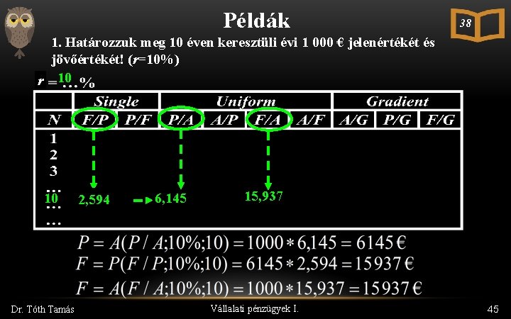 Példák 38 1. Határozzuk meg 10 éven keresztüli évi 1 000 € jelenértékét és