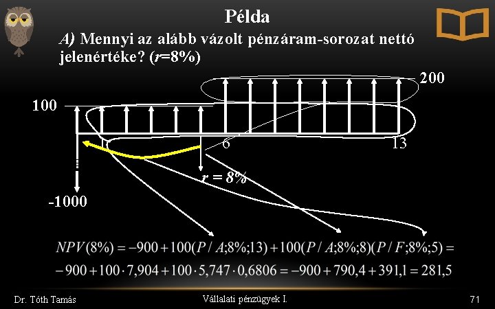 Példa A) Mennyi az alább vázolt pénzáram-sorozat nettó jelenértéke? (r=8%) 200 1 6 13