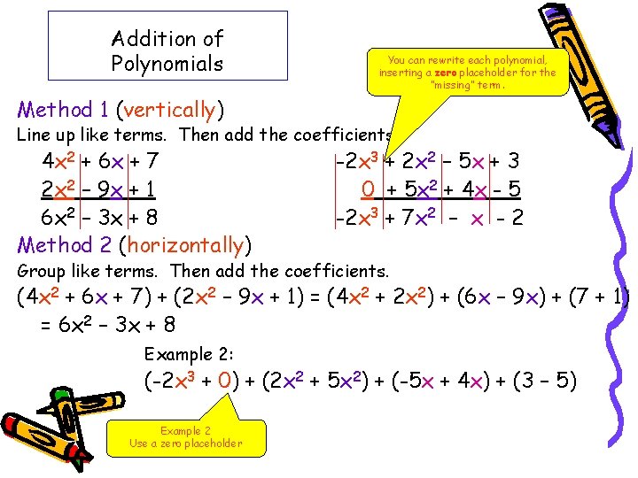 Addition of Polynomials You can rewrite each polynomial, inserting a zero placeholder for the