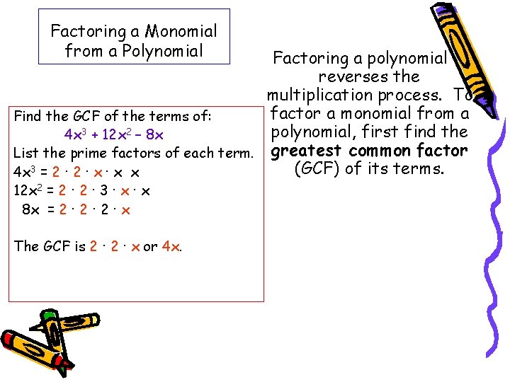 Factoring a Monomial from a Polynomial Factoring a polynomial reverses the multiplication process. To