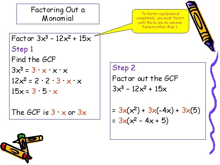 Factoring Out a Monomial Factor 3 x 3 – 12 x 2 + 15