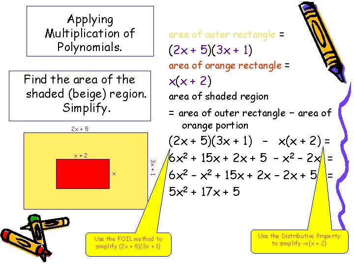 Applying Multiplication of Polynomials. area of outer rectangle = (2 x + 5)(3 x