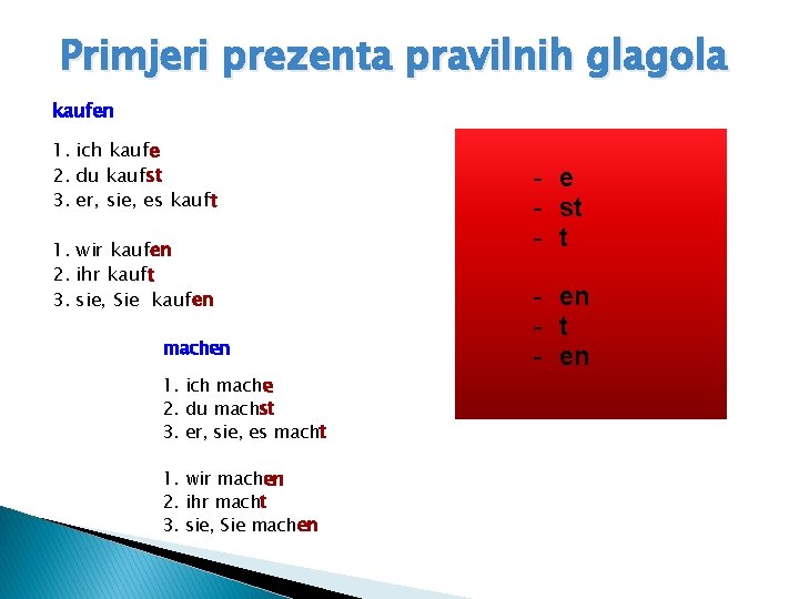 Primjeri prezenta pravilnih glagola kaufen 1. ich kaufe 2. du kaufst 3. er, sie,