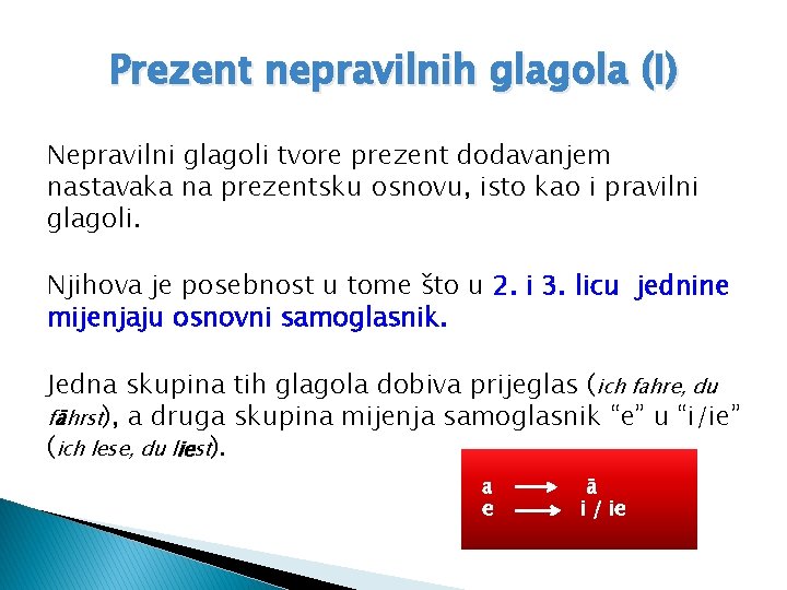 Prezent nepravilnih glagola (I) Nepravilni glagoli tvore prezent dodavanjem nastavaka na prezentsku osnovu, isto