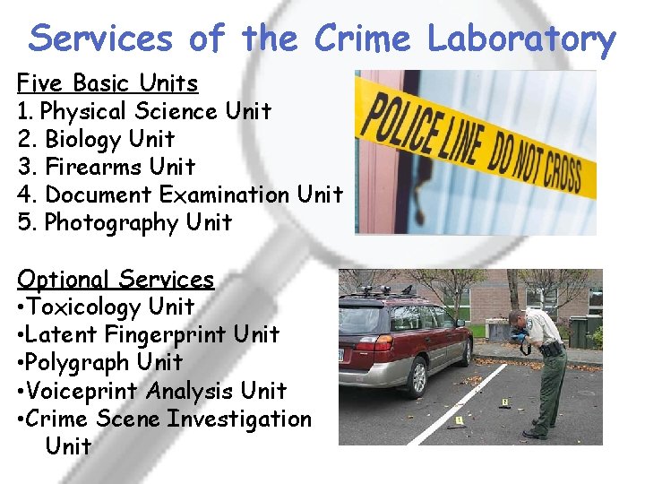 Services of the Crime Laboratory Five Basic Units 1. Physical Science Unit 2. Biology