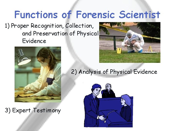 Functions of Forensic Scientist 1) Proper Recognition, Collection, and Preservation of Physical Evidence 2)