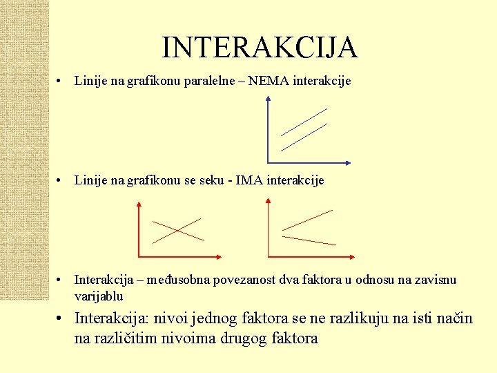 INTERAKCIJA • Linije na grafikonu paralelne – NEMA interakcije • Linije na grafikonu se