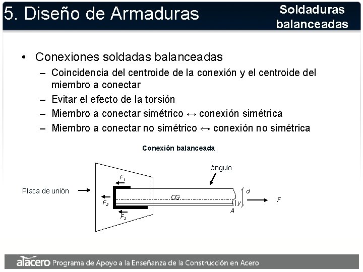 Soldaduras balanceadas 5. Diseño de Armaduras • Conexiones soldadas balanceadas – Coincidencia del centroide