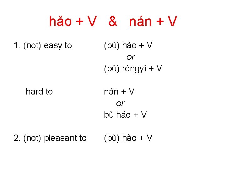 hǎo + V & nán + V 1. (not) easy to hard to 2.