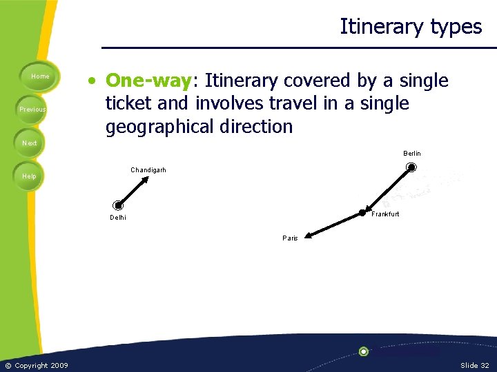 Itinerary types Home Previous • One-way: Itinerary covered by a single ticket and involves