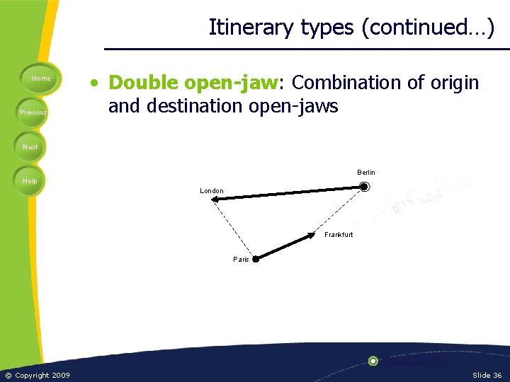 Itinerary types (continued…) Home Previous • Double open-jaw: Combination of origin and destination open-jaws