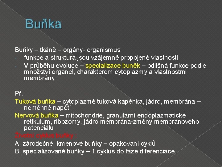 Buňka Buňky – tkáně – orgány- organismus - funkce a struktura jsou vzájemně propojené