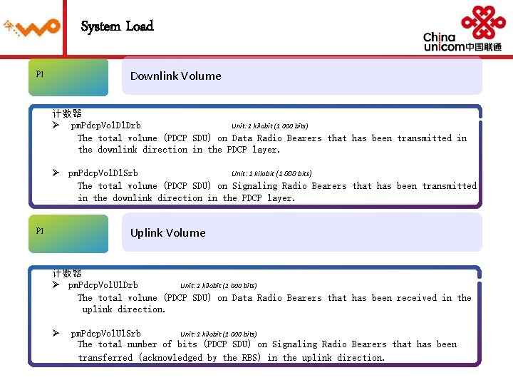 System Load Downlink Volume PI 计数器 Ø pm. Pdcp. Vol. Drb Unit: 1 kilobit
