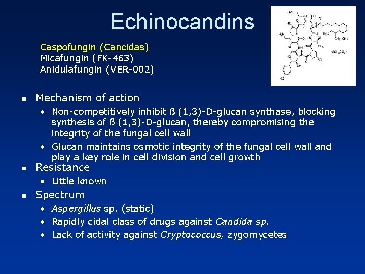 Echinocandins Caspofungin (Cancidas) Micafungin (FK-463) Anidulafungin (VER-002) n Mechanism of action • Non-competitively inhibit