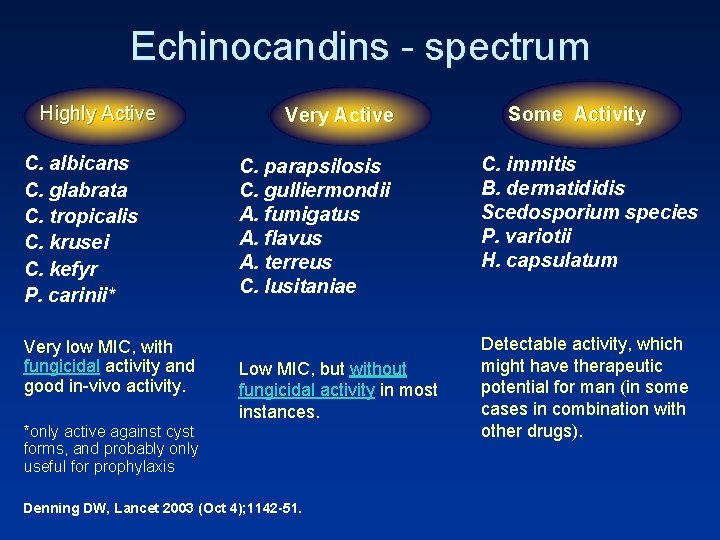 Echinocandins - spectrum Highly Active C. albicans C. glabrata C. tropicalis C. krusei C.