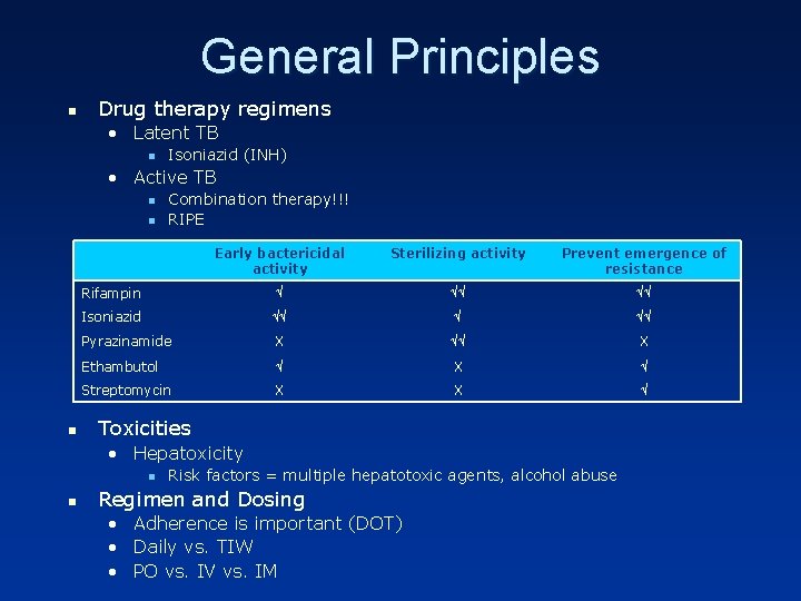 General Principles n Drug therapy regimens • Latent TB n Isoniazid (INH) • Active