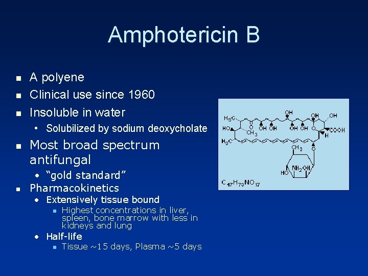 Amphotericin B n n n A polyene Clinical use since 1960 Insoluble in water