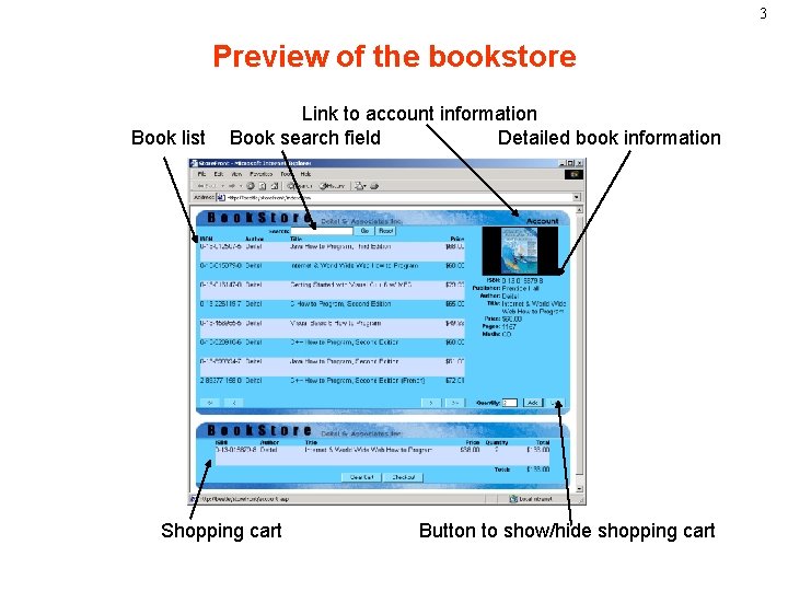 3 Preview of the bookstore Book list Link to account information Book search field