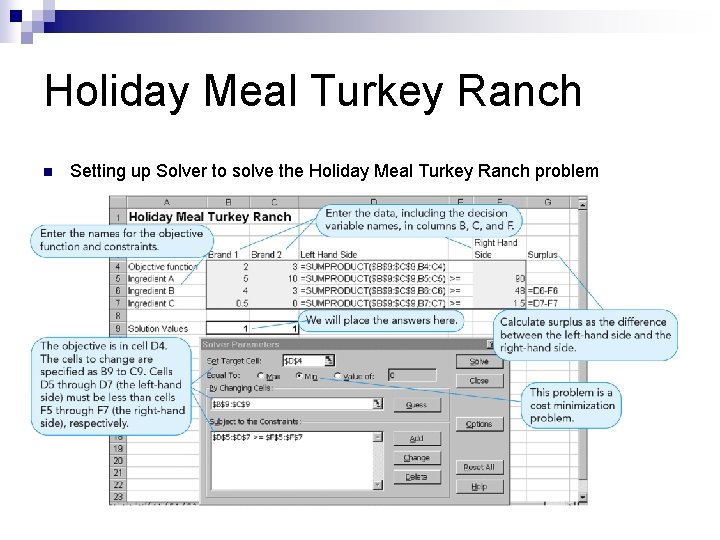 Holiday Meal Turkey Ranch n Setting up Solver to solve the Holiday Meal Turkey