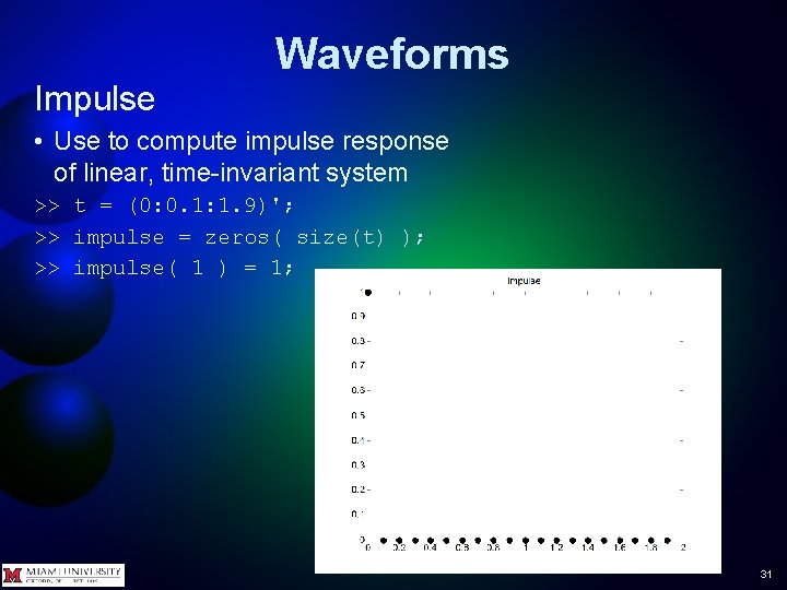 Waveforms Impulse • Use to compute impulse response of linear, time-invariant system >> t Waveforms Impulse • Use to compute impulse response of linear, time-invariant system >> t