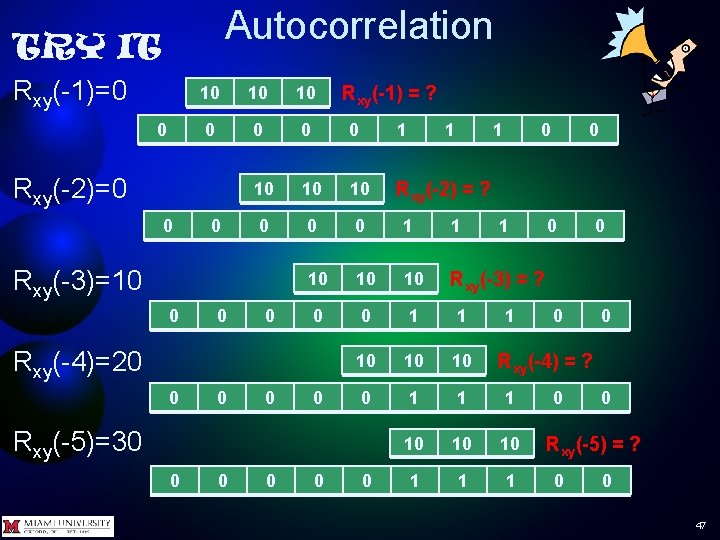 Autocorrelation TRY IT Rxy(-1)=0 0 10 10 0 0 1 10 10 10 Rxy(-2) Autocorrelation TRY IT Rxy(-1)=0 0 10 10 0 0 1 10 10 10 Rxy(-2)