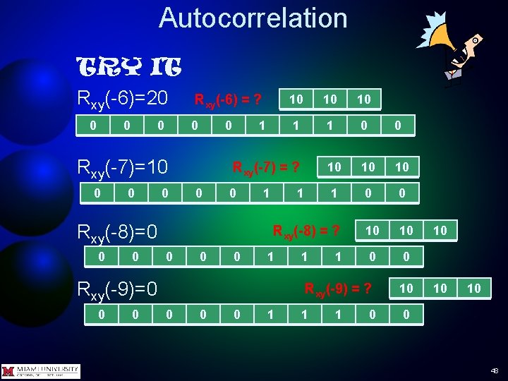 Autocorrelation TRY IT Rxy(-6)=20 Rxy(-6) = ? 10 10 10 0 0 1 1 Autocorrelation TRY IT Rxy(-6)=20 Rxy(-6) = ? 10 10 10 0 0 1 1