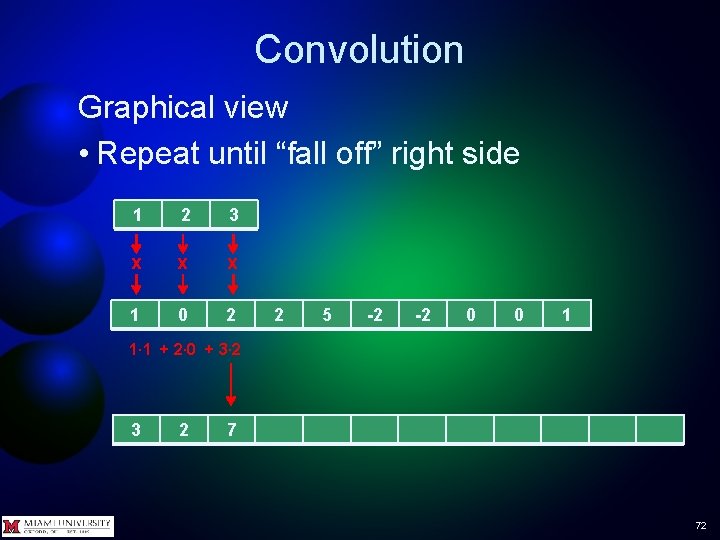 Convolution Graphical view • Repeat until “fall off” right side 1 2 3 x Convolution Graphical view • Repeat until “fall off” right side 1 2 3 x