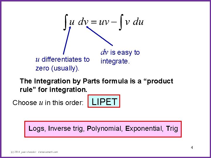 u differentiates to zero (usually). dv is easy to integrate. The Integration by Parts
