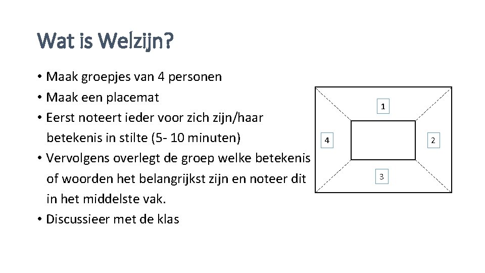 Wat is Welzijn? • Maak groepjes van 4 personen • Maak een placemat •