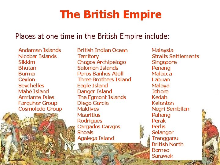 The British Empire Places at one time in the British Empire include: Andaman Islands