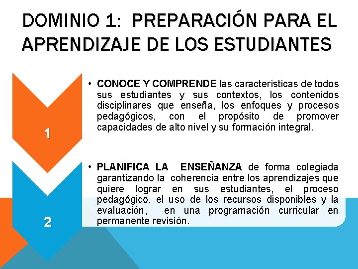 DOMINIO 1: PREPARACIÓN PARA EL APRENDIZAJE DE LOS ESTUDIANTES 1 2 • CONOCE Y