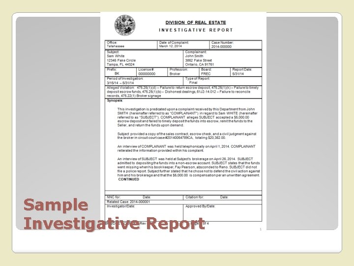 Sample Investigative Report 