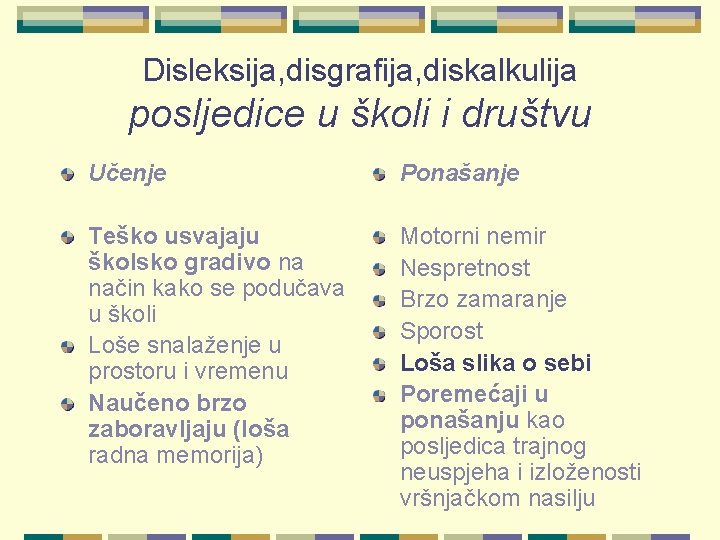 Disleksija, disgrafija, diskalkulija posljedice u školi i društvu Učenje Ponašanje Teško usvajaju školsko gradivo