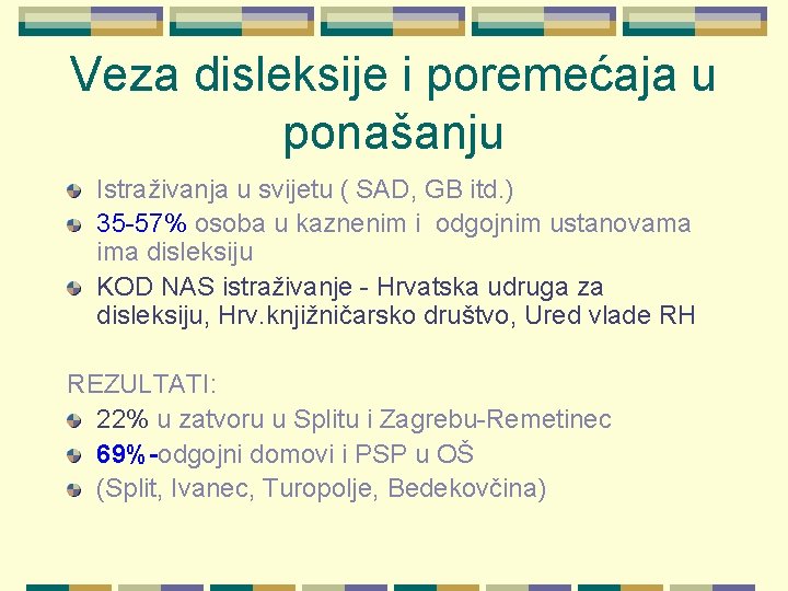 Veza disleksije i poremećaja u ponašanju Istraživanja u svijetu ( SAD, GB itd. )