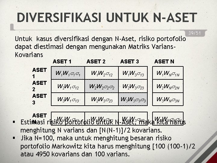 DIVERSIFIKASI UNTUK N-ASET Untuk kasus diversifikasi dengan N-Aset, risiko portofolio dapat diestimasi dengan mengunakan