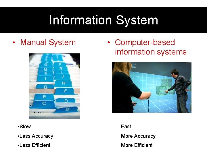 Information System • Manual System • Computer-based information systems • Slow Fast • Less Information System • Manual System • Computer-based information systems • Slow Fast • Less