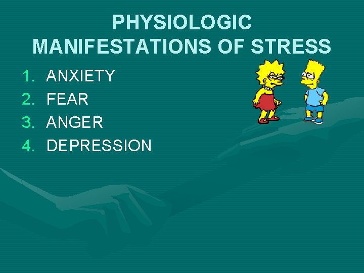 PHYSIOLOGIC MANIFESTATIONS OF STRESS 1. 2. 3. 4. ANXIETY FEAR ANGER DEPRESSION 