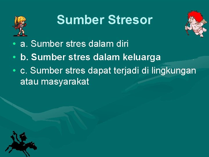 Sumber Stresor • • • a. Sumber stres dalam diri b. Sumber stres dalam