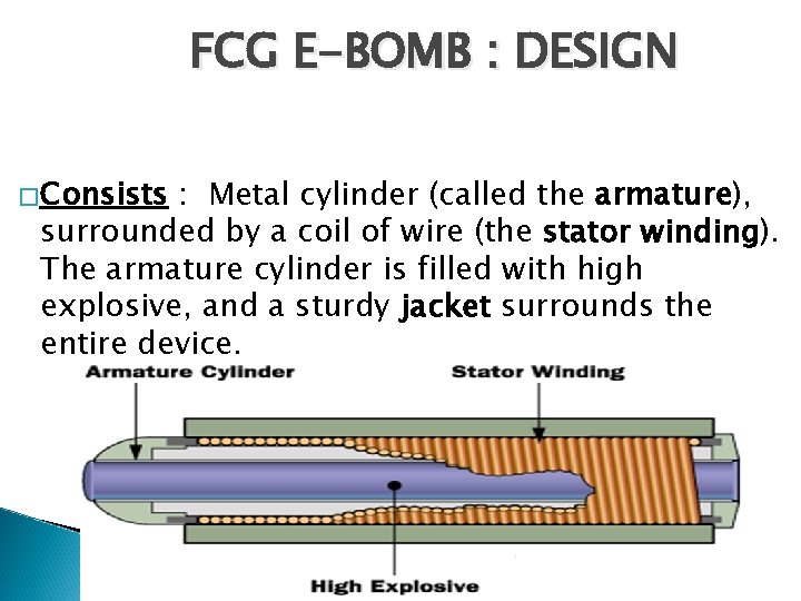 FCG E-BOMB : DESIGN �Consists : Metal cylinder (called the armature), surrounded by a