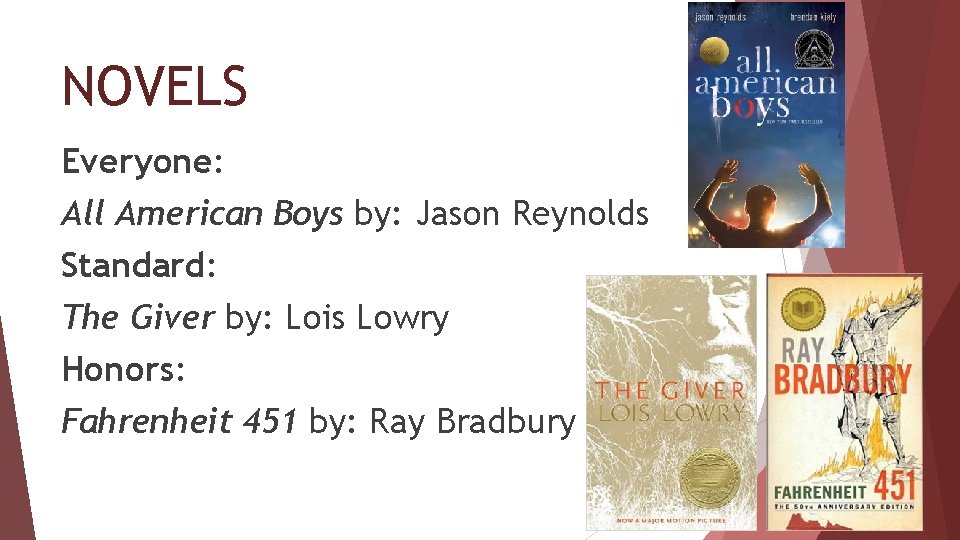 NOVELS Everyone: All American Boys by: Jason Reynolds Standard: The Giver by: Lois Lowry