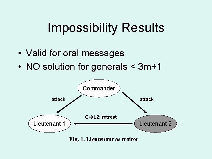 Impossibility Results • Valid for oral messages • NO solution for generals < 3
